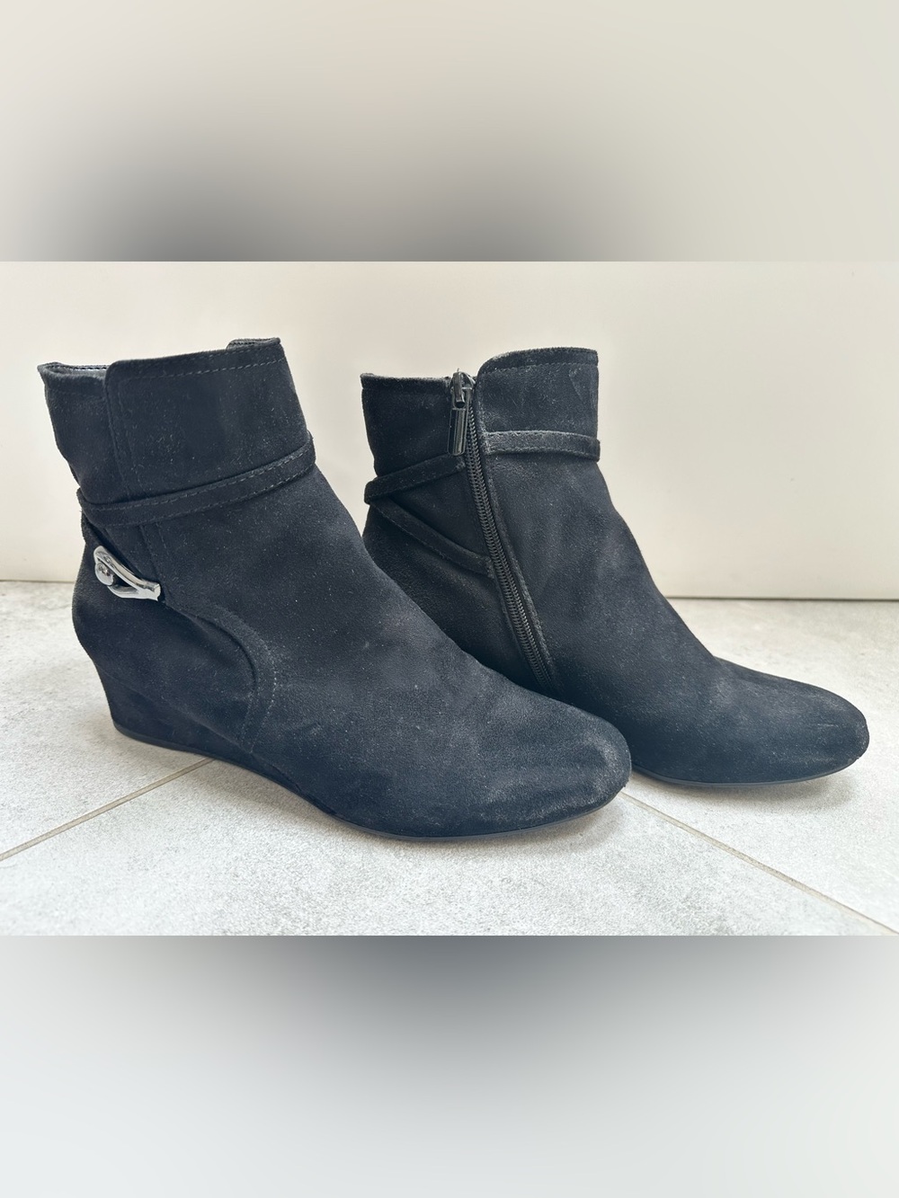 Women's Black Suede Ankle Boots with Side Zip Size 8